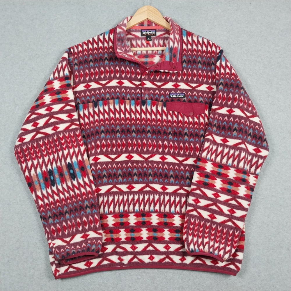 Patagonia Synchilla Womens XL Red Geometric Snap T Fleece Kuta Klash Dark Aztec